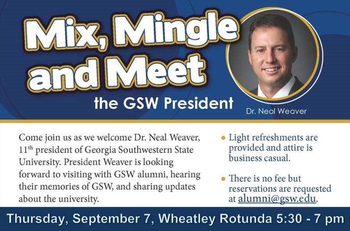 GaSouthwestern's tweet photo. Calling all Americus area @GSWAlumni ! Come meet @CanesPresident tomorrow. Please send your RSVP to alumni@gsw.edu. #PartOfTheStorm https://t.co/1MhWlPs1eL