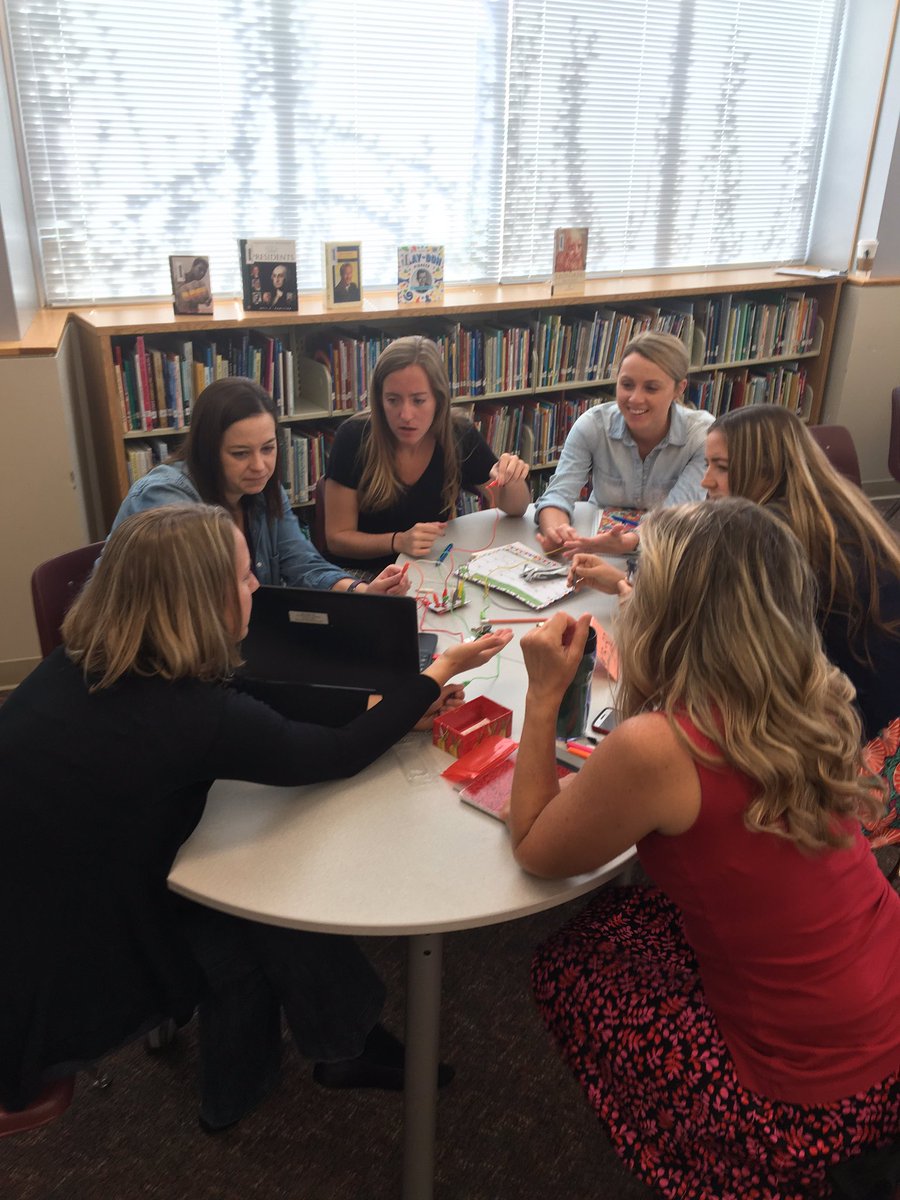 PrincipalAaronB's tweet photo. PLE teachers exploring the possibilities of learning using Makey Makey! #makerspace #lsr7 @kevinwhaleylsr7 @DrJKephart https://t.co/N67YeEhUKK