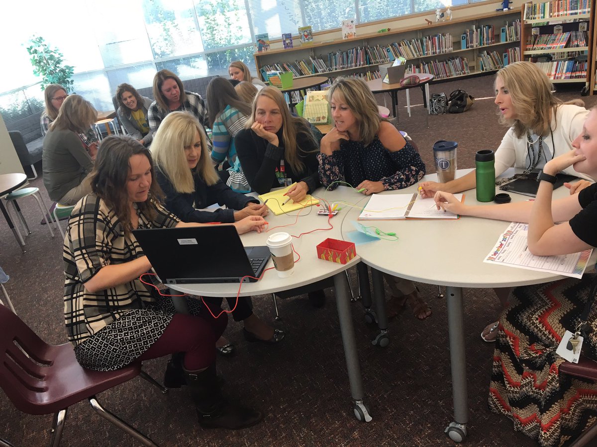 PrincipalAaronB's tweet photo. PLE teachers exploring the possibilities of learning using Makey Makey! #makerspace #lsr7 @kevinwhaleylsr7 @DrJKephart https://t.co/N67YeEhUKK