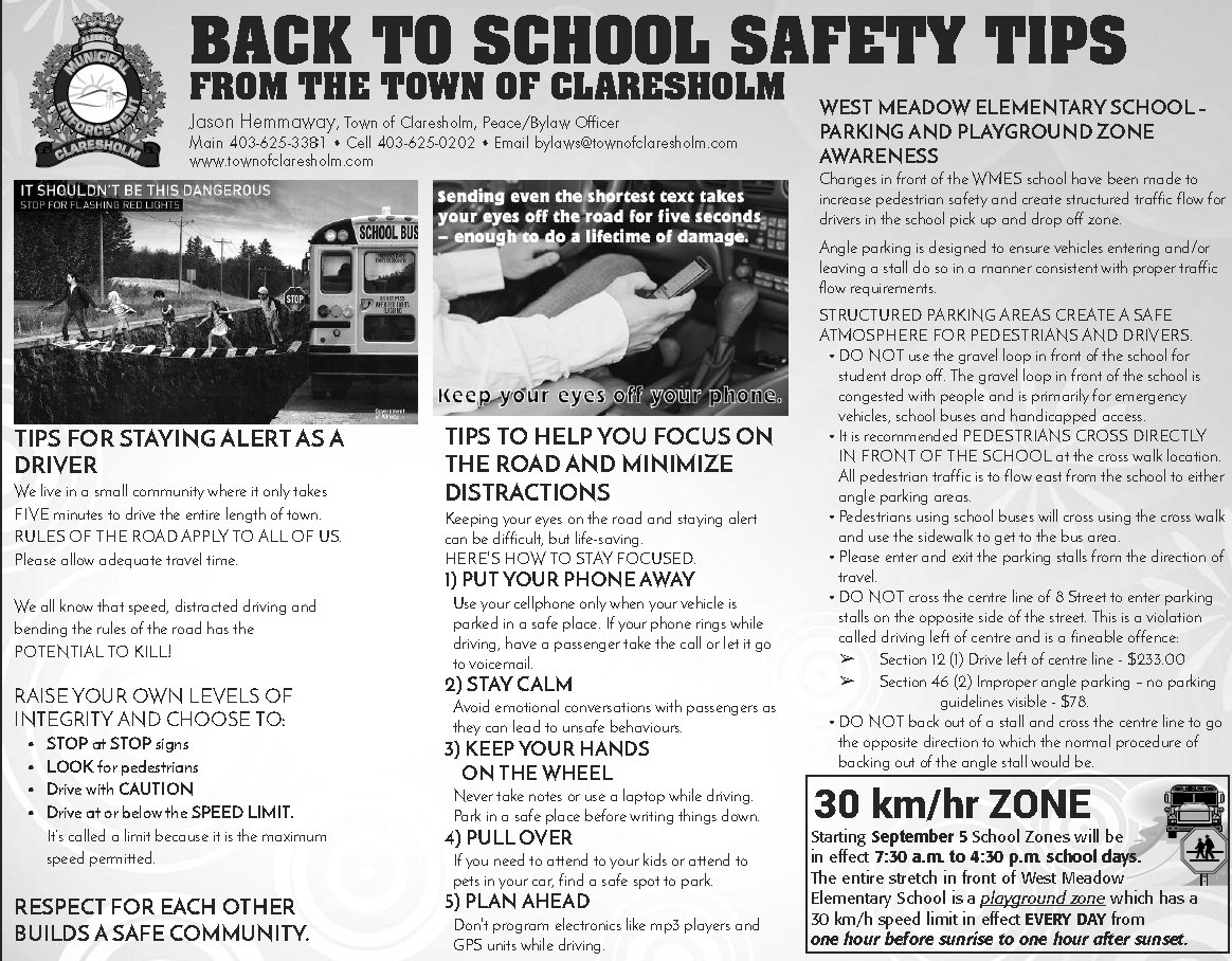 FcssClaresholm's tweet photo. Reminder on back to school safety! #discoverclaresholm #backtoschool #townofclaresholm #claresholmfcss https://t.co/Vv624qKyHZ