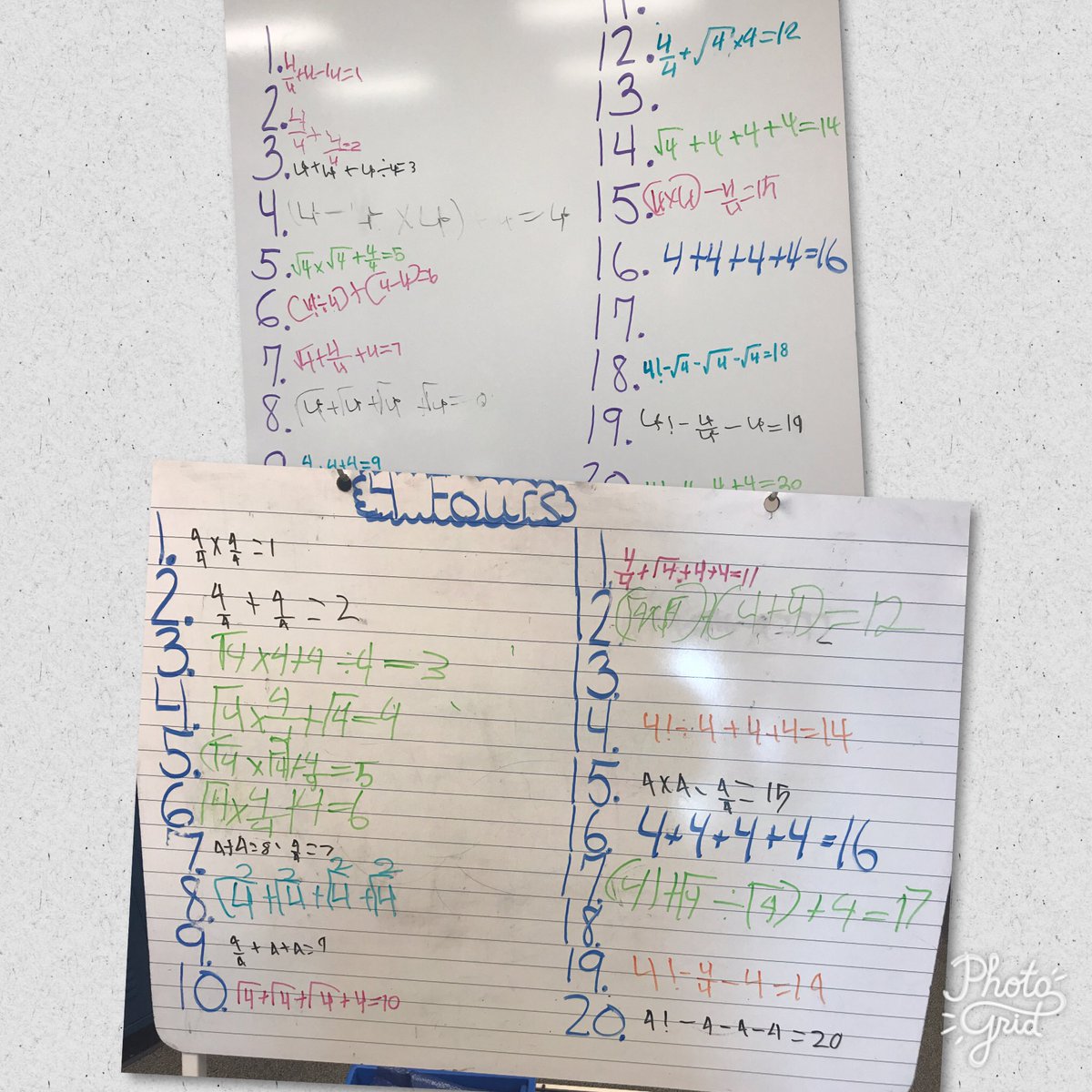 LisaThomasPHE's tweet photo. Use only 4 fours to equal all the numbers from 1-20. Fourth and fifth graders can do it!!! #strugglingislearning #growthmindset #joboaler https://t.co/jsVY28Yu0c