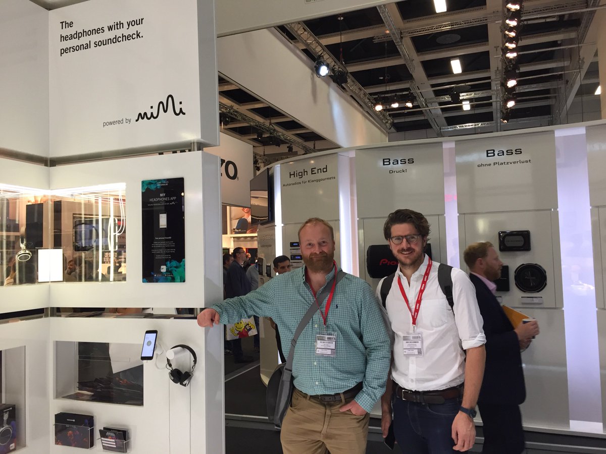 mimihearing's tweet photo. Scenes from a tech fair: Mimi co-founders Nick Clark and Philipp Skribanowitz after the momentous #Aventho launch @IFA_Berlin #MakeItYours https://t.co/8WghOGYV99