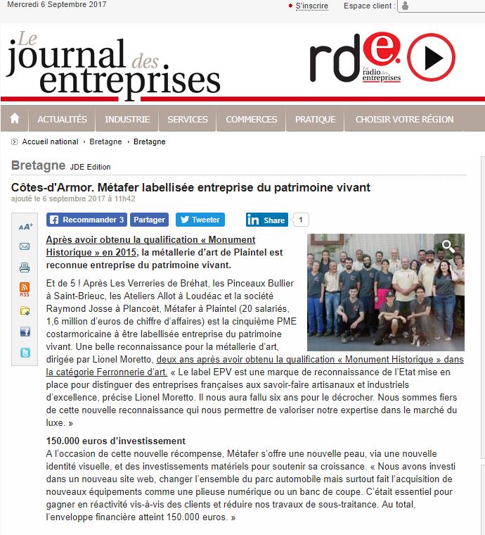 sarlmetafer's tweet photo. Article dans le @JEntreprises suite à notre labellisation #EPV : https://t.co/n5y75deyCE https://t.co/X4VAnXJWFj