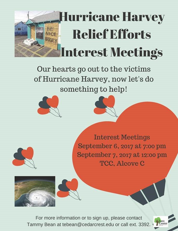 cedarcrestcolle's tweet image. Want to get involved in the #HurricaneHarvey relief efforts? Stop by the TCC tonight or tomorrow to find out how you can help. #HelpHouston