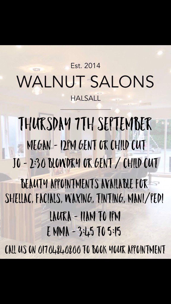 walnutsalons's tweet photo. Only 2 Hair Appointments and a few Beauty Appointments available tomorrow.  Best call us quickly to book ☎️💅🏻💁🏼💄💆🏽 https://t.co/LoJYDZhrA2