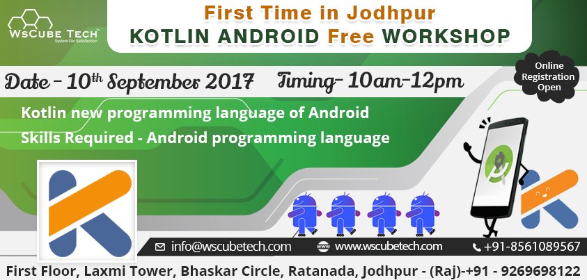 wscubetechindia's tweet image. First time in Jodhpur. Free workshop on #kotlinforandroid on 10 Sept. Register now. Limited seats.
#jodhpur #Android #sundayworkshop