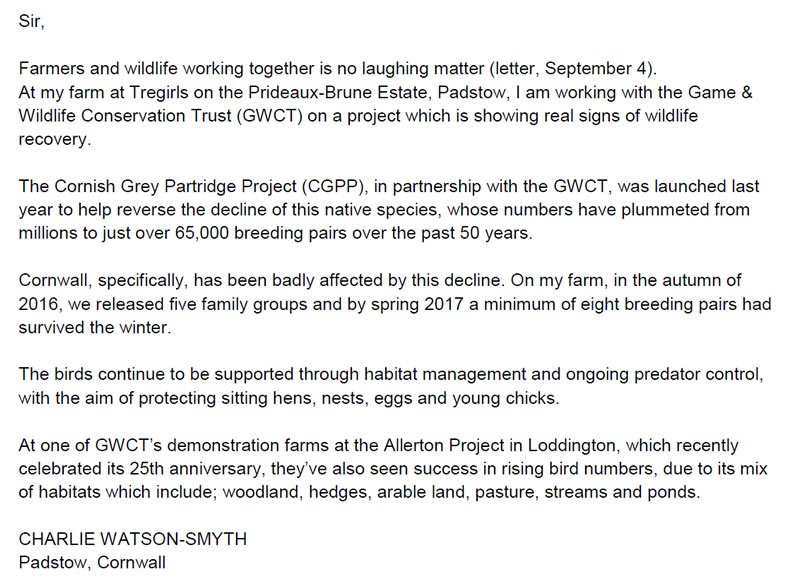 Gameandwildlife's tweet photo. Interesting letter to The Times by Charlie Watson-Smyth on farmers working with wildlife and our Cornish Grey Partridge Project. https://t.co/Q2iom3LRBl