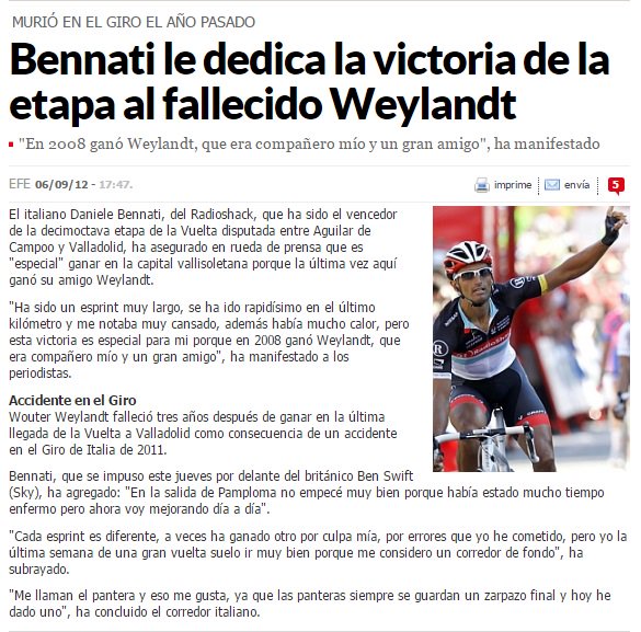 lavuelta_stats's tweet photo. Hoy hace 5 años Daniele Bennati @Benna80 lograba su 6a etapa en @lavuelta . Se la dedicaba al malogrado Wouter Weylandt

#LV2017 https://t.co/npVLy5Erbn