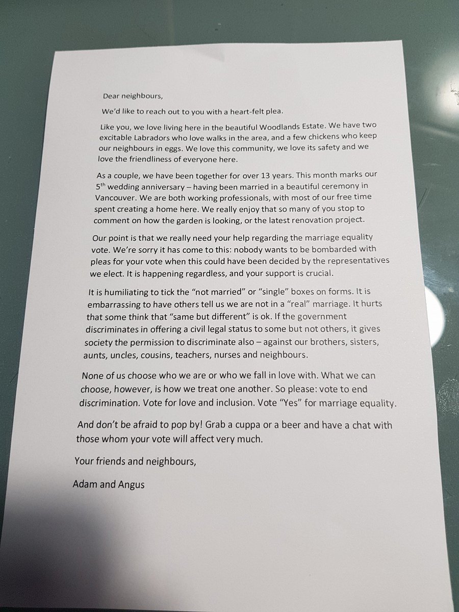 AMEquality's tweet photo. Angus and Adam have been together for 13 years. 

Take a look at this heartfelt plea they recently made to all their neighbours.

#VoteYes https://t.co/bLt4ryo8tY