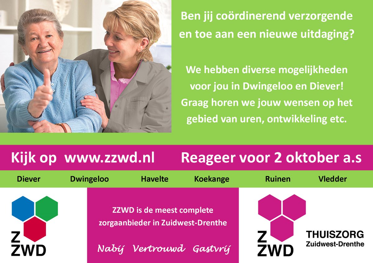 #Vacature coördinerend verzorgende <a href="/_ZZWD/">ZZWD</a> #Diever en #Dwingeloo hebben we div. mogelijkheden, zie  zzwd.nl/vacatures/  <a href="/vacatures_zpn/">Banen ZorgpleinNoord</a>