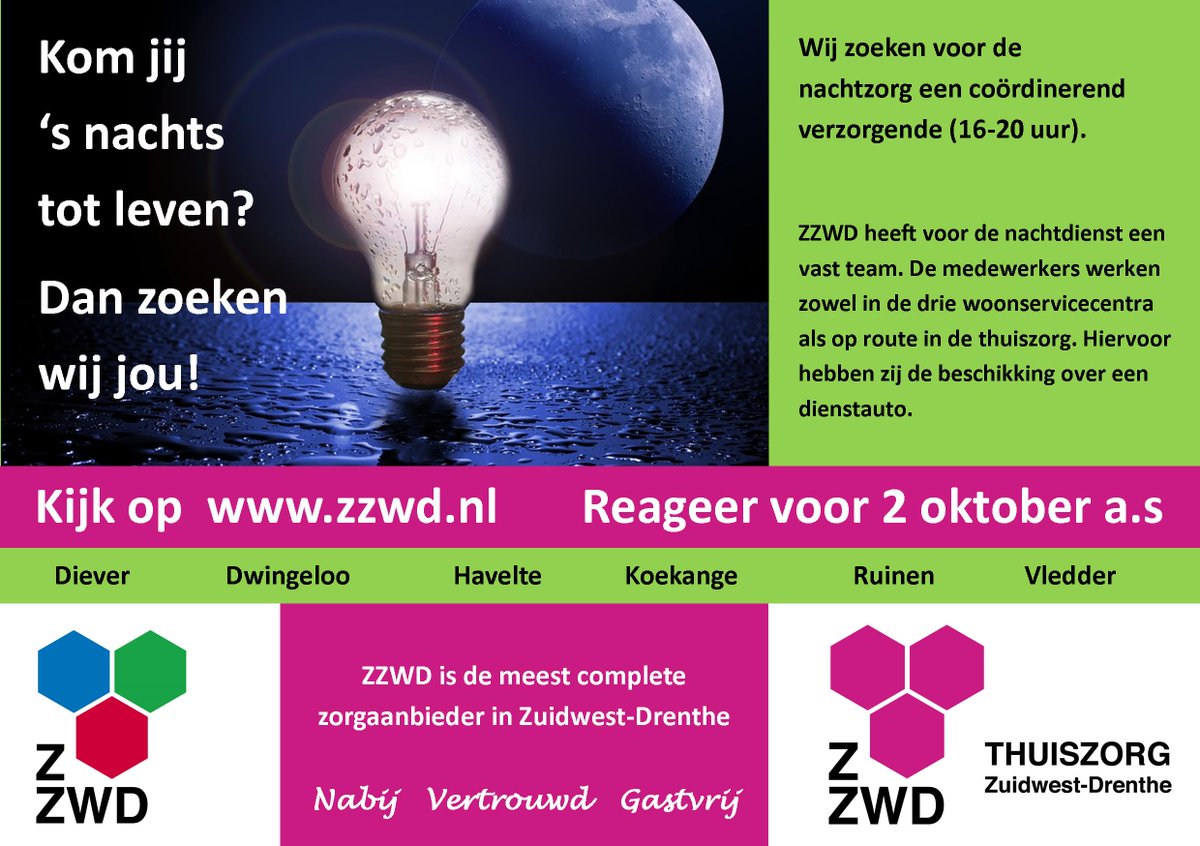 Kom jij 's nachts tot leven? Dan zoeken wij jou, coördinerend verzorgende voor de #nachtzorg  zie zzwd.nl/vacatures/  <a href="/vacatures_zpn/">Banen ZorgpleinNoord</a>
