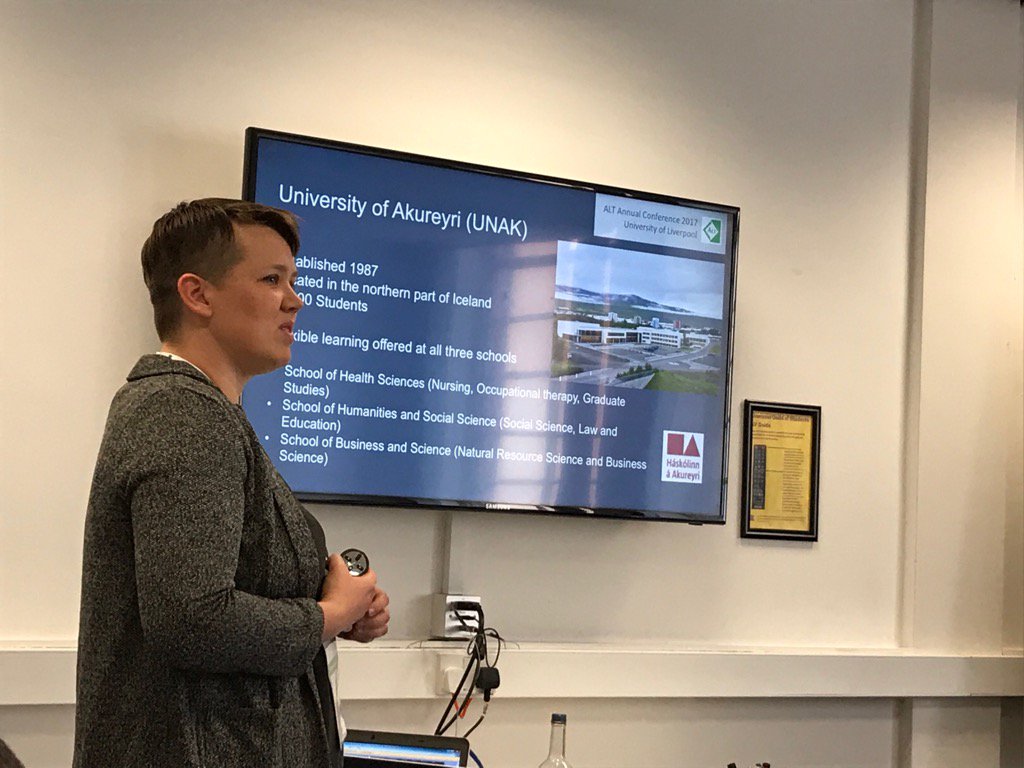 johncoup's tweet photo. Audbjorg Bjornsdottir outlines how Uni Akureyri delivers flexible learning to campus and distance learners #altc https://t.co/s3TW3YUCs5
