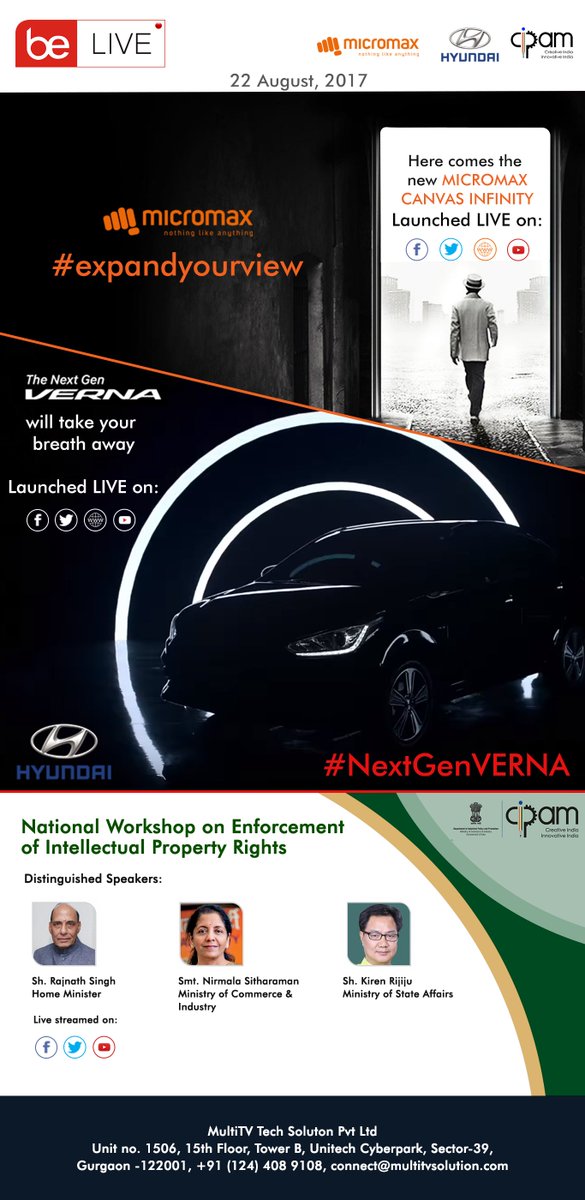 multitvtech's tweet photo. #livestream 3 events simultaneously
1. #Micromax #CanvasInfinity #expandyourview
2. #Hyundai #NextGenVerna 
3. National Workshop, CPAM https://t.co/Q07cmnL8F7