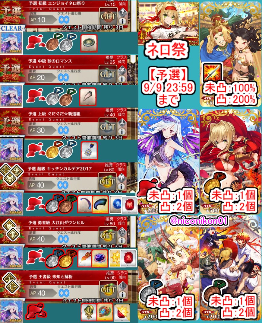 Kon Fgo Fgoイベント ネロ祭再び 17 Autumn 予選9 9 23 59まで 効率がいい所まとめました 赤枠で囲んでいる所がそのアイテムの効率がいい場所です メダルは花びら礼装つけて周るといいよ メダルは勇者級 超級あんまり変わりません Fatego Fgo