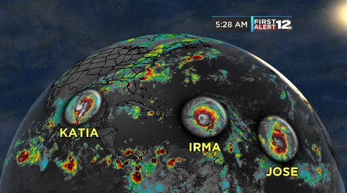 BamaJD's tweet photo. Cat 5 Hurricane Irma now joined by two other storms, tropical storms Jose and Katia. Katia already in Gulf. https://t.co/hVDXjwVvpa