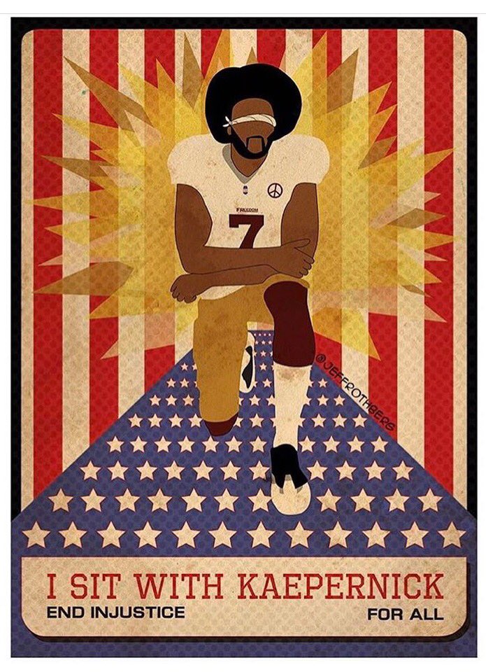 THEjoseph59's tweet image. Colin Kaepernick&apos;s #silentprotest exercising his #FirstAmendment right for #freedomandjusticeforall in America. #IsitWithKaepernick