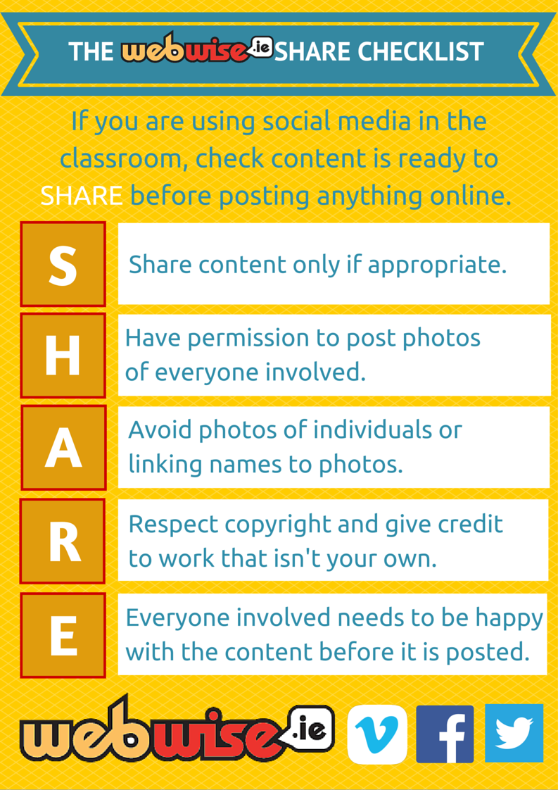 Webwise_Ireland's tweet photo. #Teachers can use this handy #checklist in the new school year when sharing photos in the classroom #edchatIE https://t.co/VNfizWIvqC