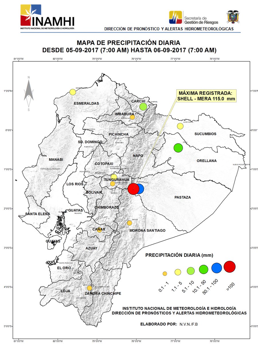 inamhi_ec's tweet photo. Se confirman #CondicionesMeteorologicas  del bolentin N° 97. La estacion de Shell Mera reporto 115 mm de lluvia hasta el dia de hoy 6 sept. https://t.co/Ii52MWl73U