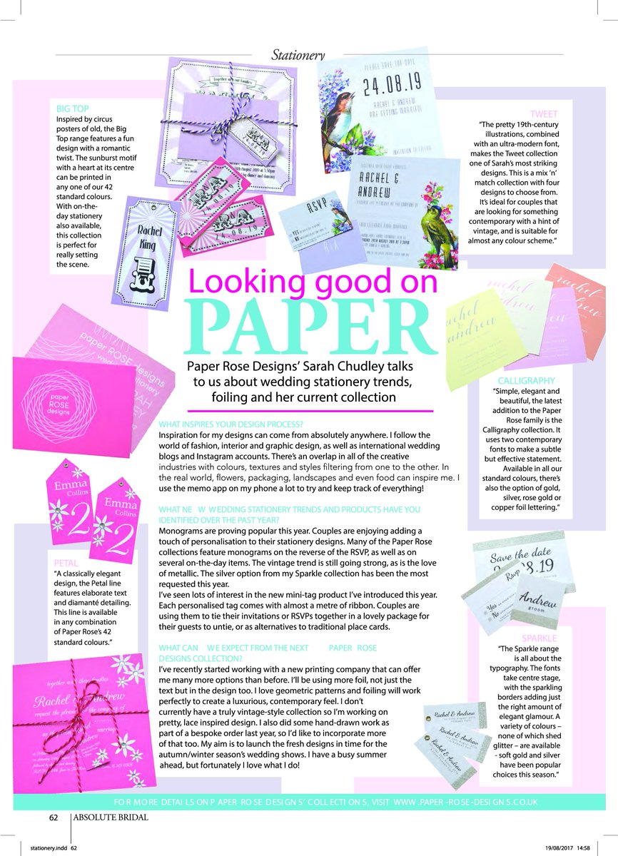 paperROSEdesign's tweet photo. Very excited to see my designs in the latest issue of Absolute Bridal magazine! Thank you @TheMainEventUK #weddingstationery #essex https://t.co/Aj9mVxcYLM