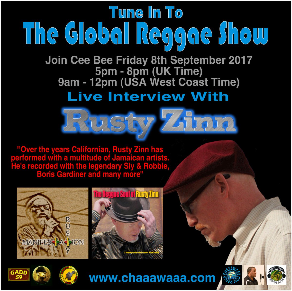 #GlobalReggaeShow Friday 8th September #live #interview with #RustyZinn <a href="/RustyZinn1/">Rusty Zinn</a> chaaawaaa.com 5-8pm UK 9am-12pm USA West Coast
