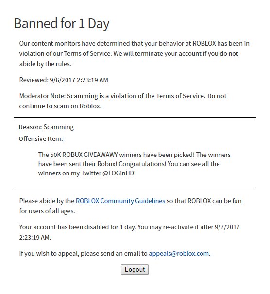 Loginhdi On Twitter Just Got Banned From Roblox For Scamming Apparently My Group Post Telling People I Announced Winners To A Giveway Was A Scam Https T Co Lfpex7lizy