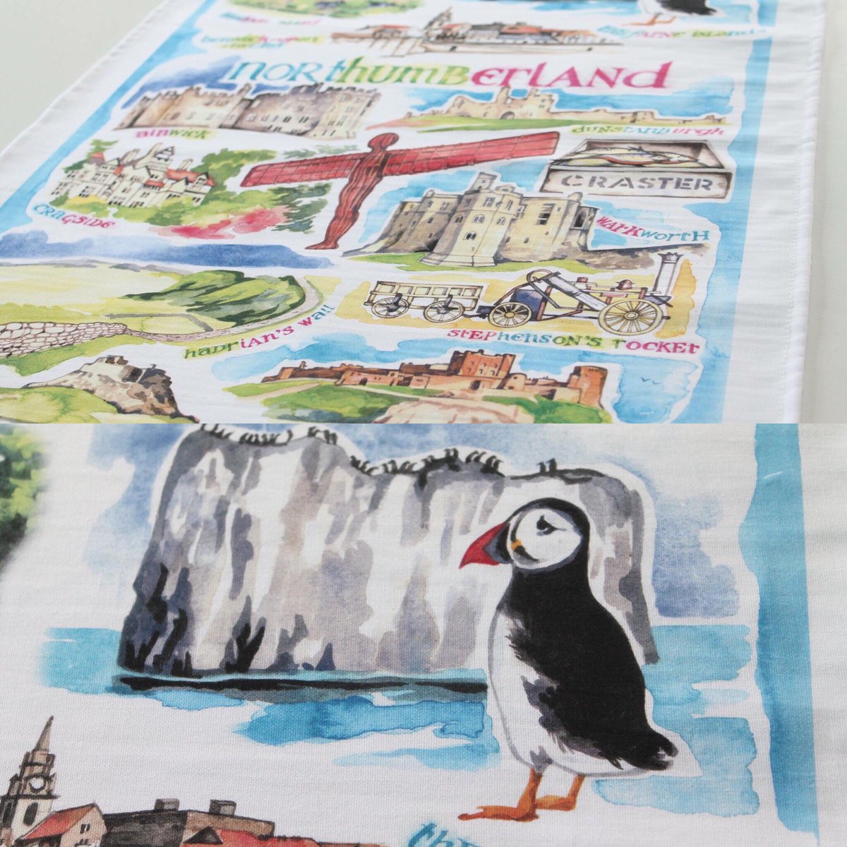 Our watercolour Britain tea towels are now in production. Illustrated by our very own designer, Denise.