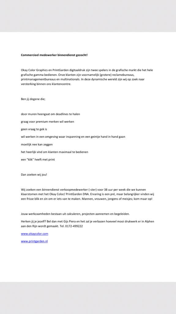 OkayColor's tweet image. Wij zijn op zoek naar een commercieel medewerker binnendienst #vacature