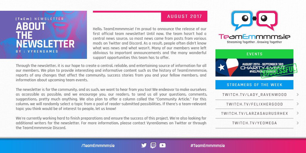 Emmmmsie's tweet image. #TeamEmmmmsie we now have a monthly newsletter. 

Do you want to be apart of it? Contact @VyrenGames 

Check it out in the discord!