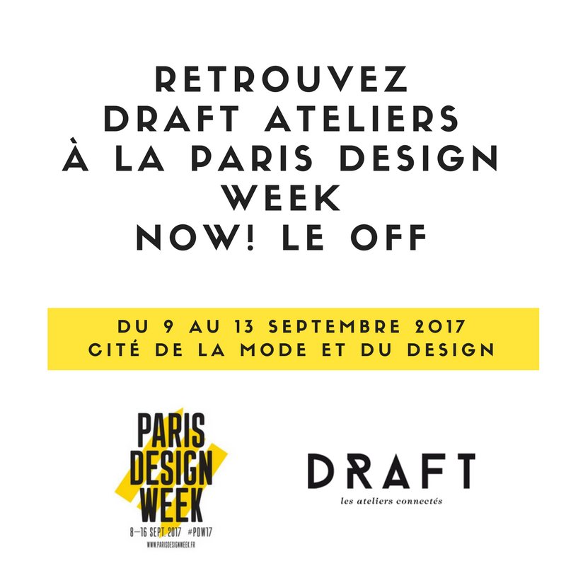 Retrouvez-nous sur le stand <a href="/draftateliers/">DRAFT Ateliers</a> à la <a href="/citemodedesign/">Cité de la Mode et du Design</a>  pour #NOWLEOFF du 9 au 13 septembre avec 5 projets de designers ! #PDW17