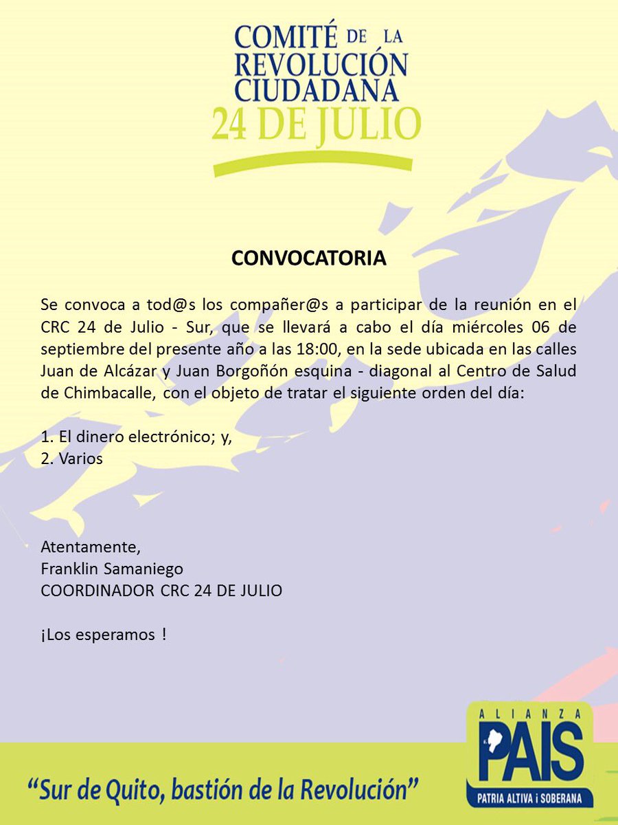 PichinchaPAIS's tweet photo. HOY 🗣
Hacemos extensiva la invitación del @Crc24C para tratar temas de coyuntura política 
📌 ⏱ 18h00
@35apdsurQuito
@FrankSamaniegoM https://t.co/dLcey4FzXv