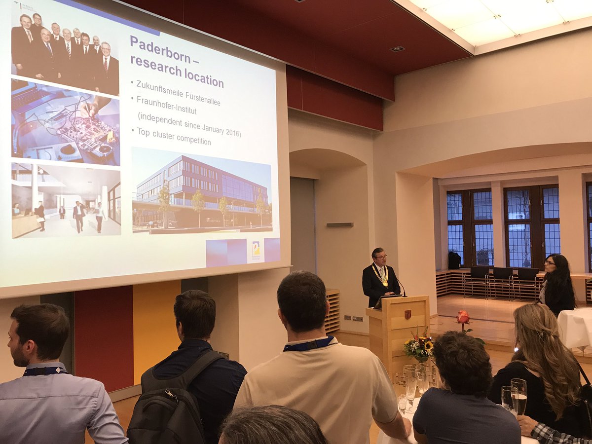 SoftwareQLab's tweet image. Mayor Michael Dreier gives a brief overview of #Paderborn as city of #technology &amp;amp; #innovation at ESEC/FSE2017 welcome reception #esecfse