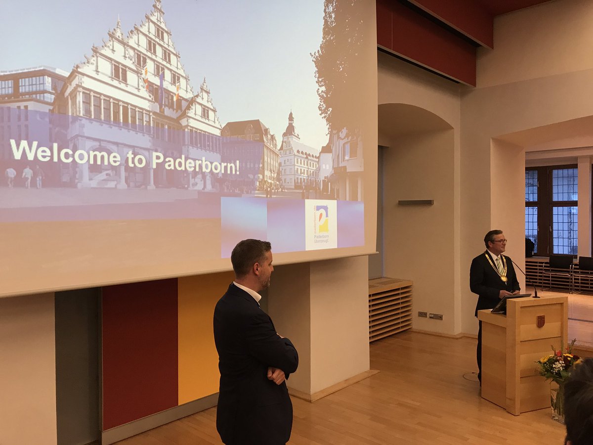 SoftwareQLab's tweet image. Mayor Michael Dreier gives a brief overview of #Paderborn as city of #technology &amp;amp; #innovation at ESEC/FSE2017 welcome reception #esecfse