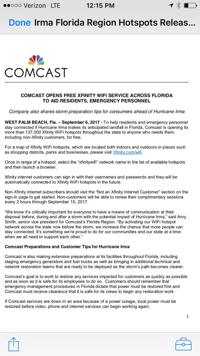 To stay connected if #HurricaneIrma makes landfall we're opening 137K Xfinity WiFi hotspots throughout FL including non-customers for free
