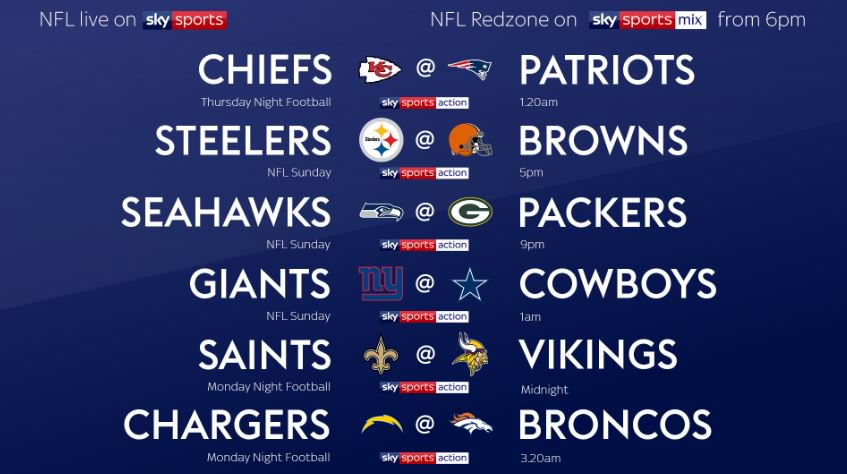 SkySportsNFL's tweet photo. LIVE NFL schedule for opening week on Sky Sports confirmed! ππ https://t.co/qcBniwpybk https://t.co/aiOF8aJ6Cm