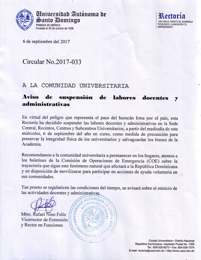 UniversidadUASD's tweet photo. Aviso oficial de suspensión de labores docentes y administrativas a partir de hoy a las 12PM, en la Sede, Recintos y Centros Universitarios https://t.co/kOPjUJJsHr