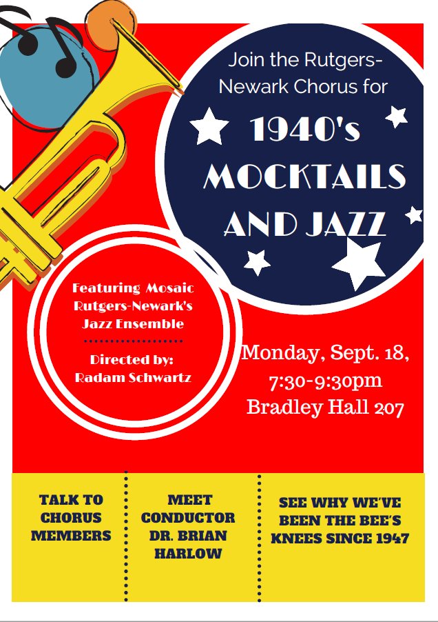 RU_Chorus's tweet image. BIG NEWS! Join us on 9/18 @ 7:30pm in Bradley 207 for our 70th year kick-off mocktail party! Live music by Rutgers Mosaic Jazz!  #RUCturns70