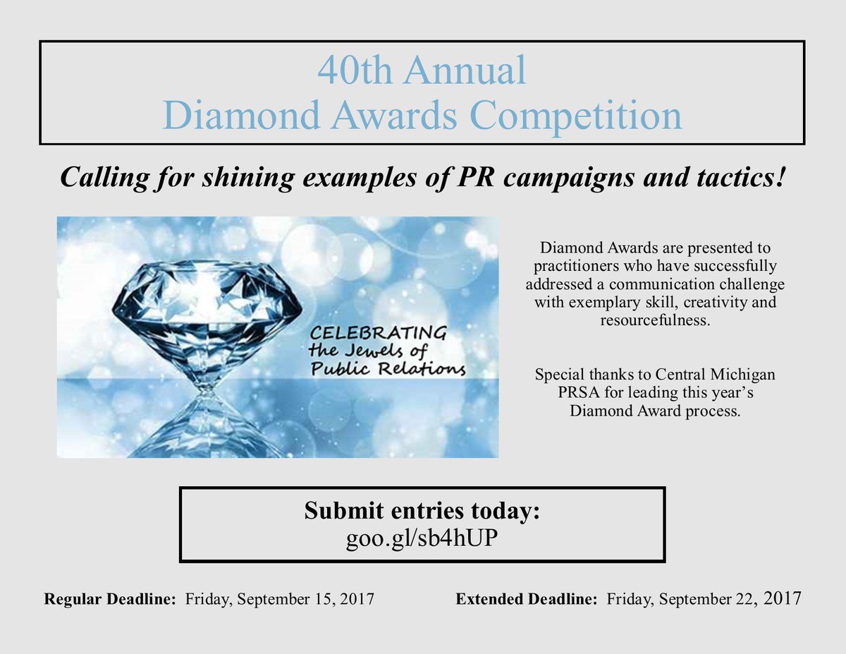 ECDPRSA's tweet photo. The 40th Annual Diamond Awards Competition is quickly approaching. Early bird registration ends THIS Friday. Help us spread the word! https://t.co/jjmepZMMeR