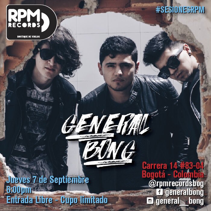 RPMRecordsBOG's tweet photo. Este jueves desde Pasto recibiremos la energía y altrock de #generalbong en #sesionesrpm. Desde las 6pm entrada libre #apoyalolocal https://t.co/HYblZwUYXk