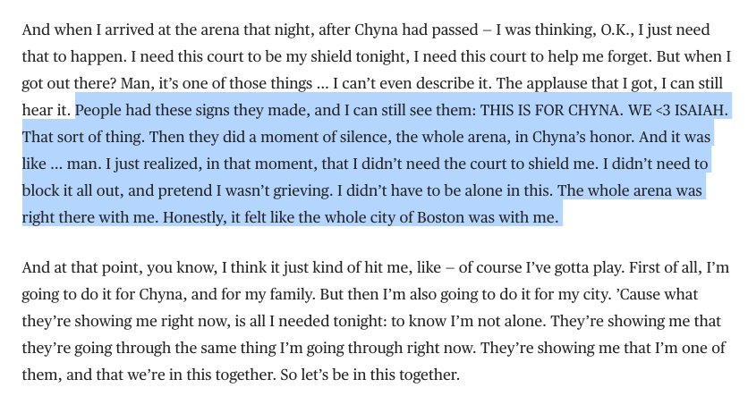 An enormously compelling read from <a href="/Isaiah_Thomas/">Isaiah Thomas</a>. Here he talks about playing immediately after his sister's death. theplayerstribune.com/isaiah-thomas-…