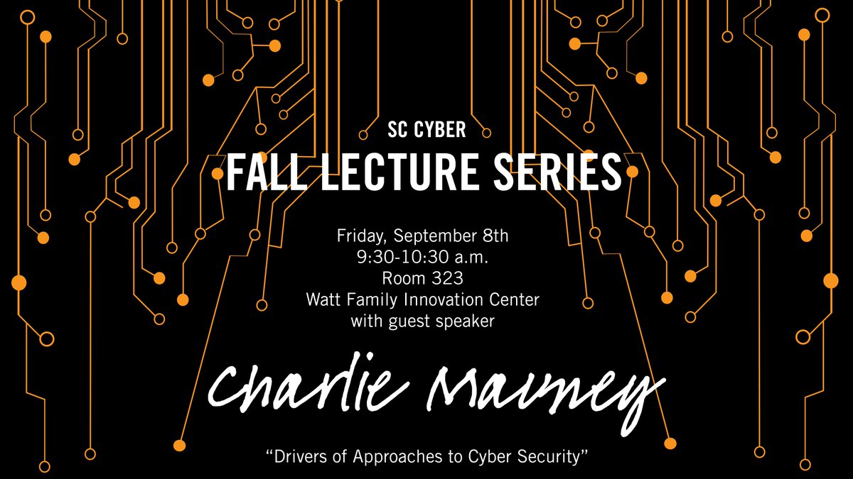 WattCenter's tweet photo. Every Friday, the Watt Center is teaming up with @sc_cyber and bringing a lecture series to Clemson's campus!#ClemsonStudents #CyberSecurity https://t.co/TVHsA1bBM3