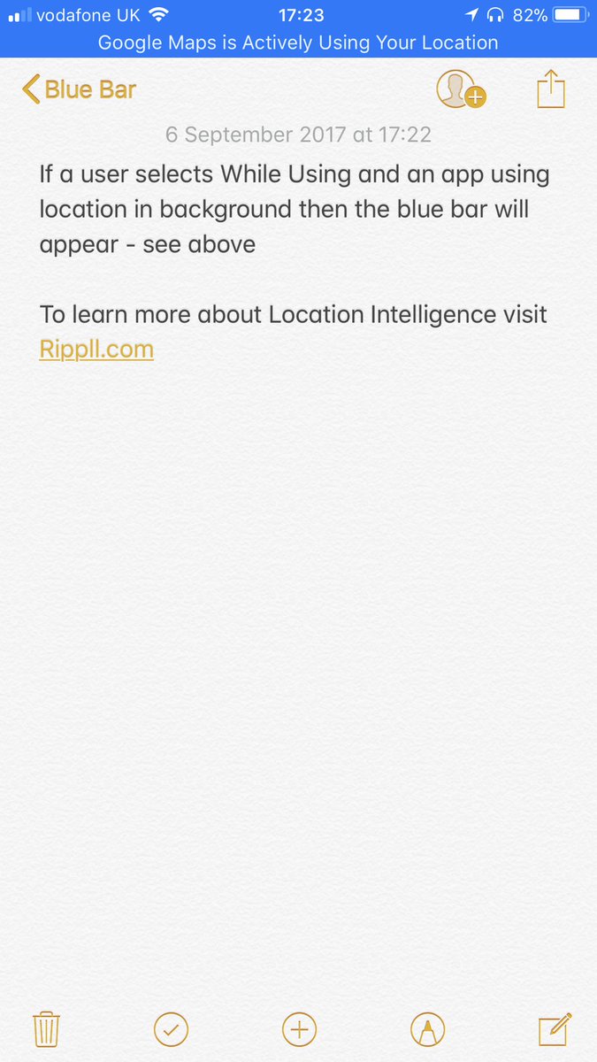 DougChisholm's tweet photo. Apple fixed ios11 blue bar bug... but it will still call out bad actors in ad tech who pull location data in background  #ios11 #location https://t.co/MHsdFfukvC