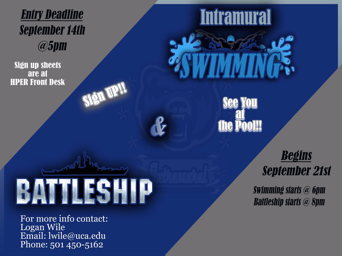 🏊SWIMMING &amp; BATTLESHIP🚣
Entry DEADLINE: Thursday, Sept.14th <a href="/5M/">Fun</a> 
Begins:Thursday, Sept. 21st 
#uca17 #uca18 #uca19 #uca20 #uca21