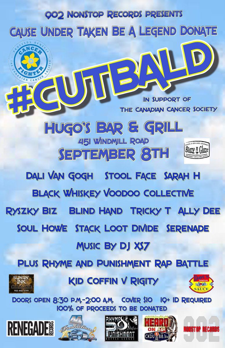 902allydee's tweet photo. #cutbald in support of @cancersociety Sept 8th with @dalivangogh @SarahHMusic Stool Face @BWVCollective @soulhowe @DJXS7 plus more #Halifax https://t.co/8CEPccLsuQ