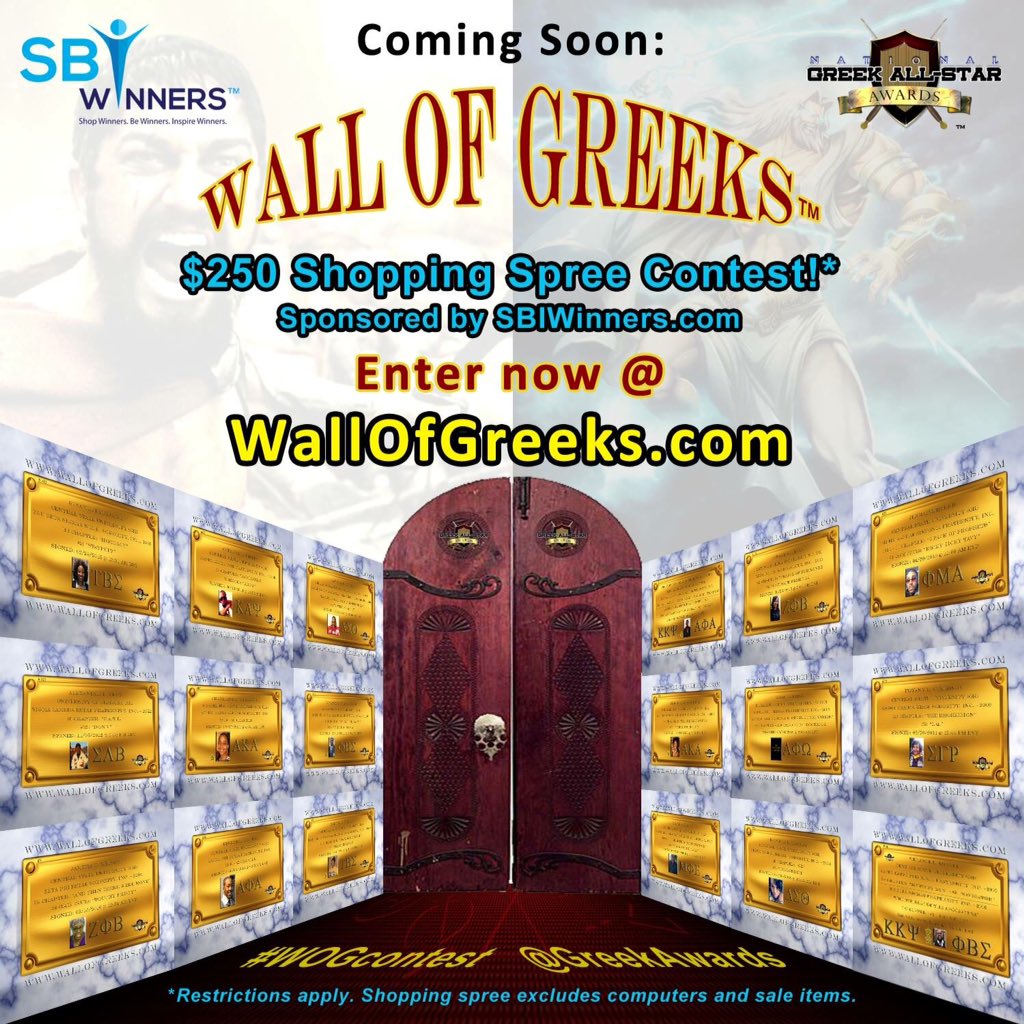 GreekAwards's tweet image. ATTENTION #GREEKS: 
2017 #WOGcontest details: WallOfGreeks.com
Contest sponsor: SBIWinners.com
Prize: $250 shopping spree!