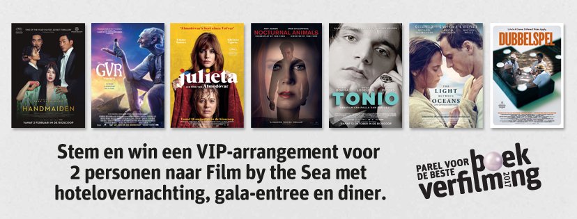 Boekverfilming's tweet photo. Volgende week maken we bekend welke stemmer boeken, dvd's of een VIP-weekend @filmbtsea wint. Stem dus nog snel via https://t.co/3bhBqGxwWx https://t.co/KKISQinyT8
