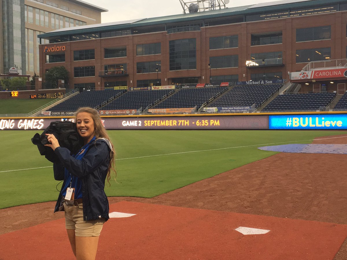 jennifer_harker's tweet photo. Natalie Hardin shoots @DurhamBulls first playoff game for @UNCMJschool Sports Xtra, a student-produced sports broadcast program. #BULLieve https://t.co/C3jDADtfR1