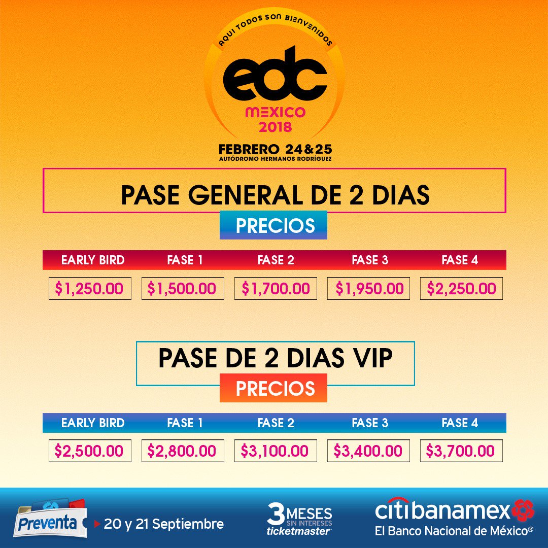¡Headliners! Estos son los precios oficiales para la quinta edición de #EDCMx 🌻🤗.
Preventa Citibanamex 20 y 21 de septiembre.