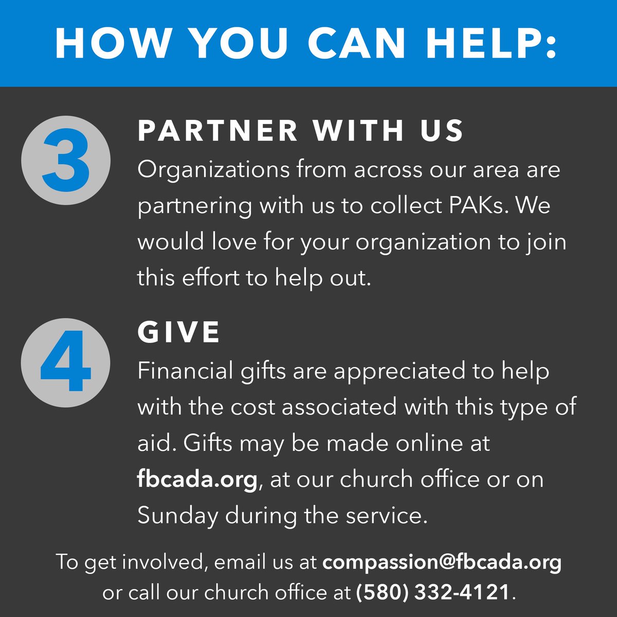 firstbaptistada's tweet photo. Help us help others... to get involved w/ our Hurricane Harvey relief efforts:
• Email us: compassion@fbcada.org 
• Call us: (580) 332-4121 https://t.co/OzkRz9vX19