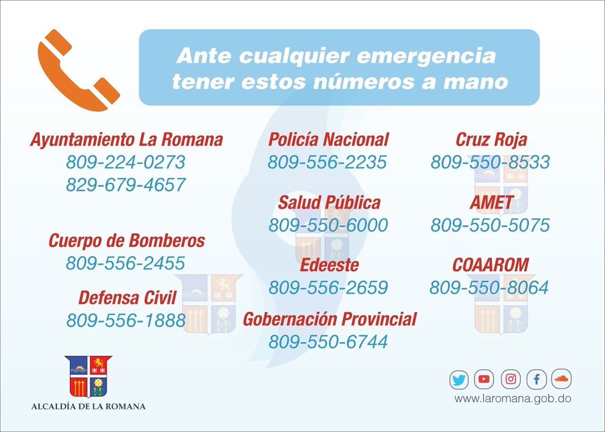 romananews's tweet photo. Ante cualquier emergencia tener estos número a mano. Gracias a la Alcaldía de @LaRomana https://t.co/VGaqTmFCe8
