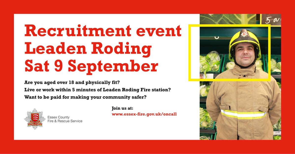 ECFRS's tweet photo. Live/work 5mins from #LeadenRoding Fire Station?Drop in Saturday 10am-2pm to chat about being an on-call firefighter https://t.co/im5cvvkNmb https://t.co/chdmJnXtTk